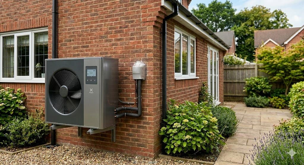 Air source heat pump installed on a UK brick home